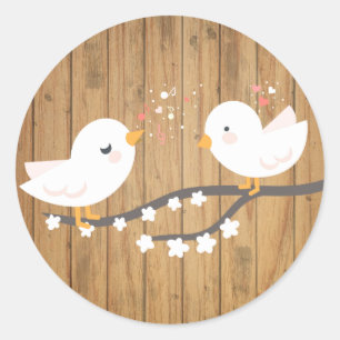 Rustiek Wit Lovebirds Bruin Hout Bruiloft Ronde Sticker