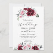 Rustiek Wit Maroon Roos Bloemenbruiloft Kaart (Voorkant)