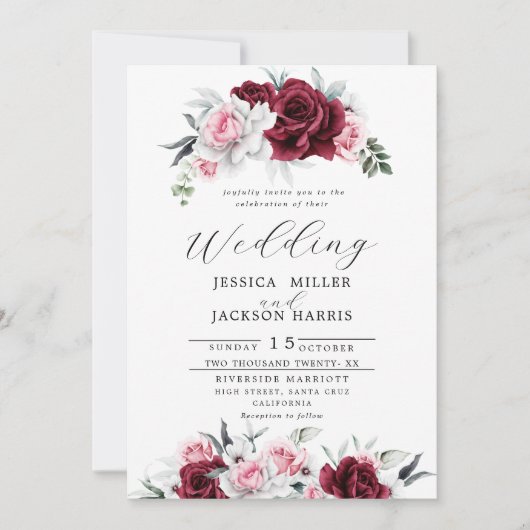 Rustiek Wit Maroon Roos Bloemenbruiloft Kaart (Voorkant)