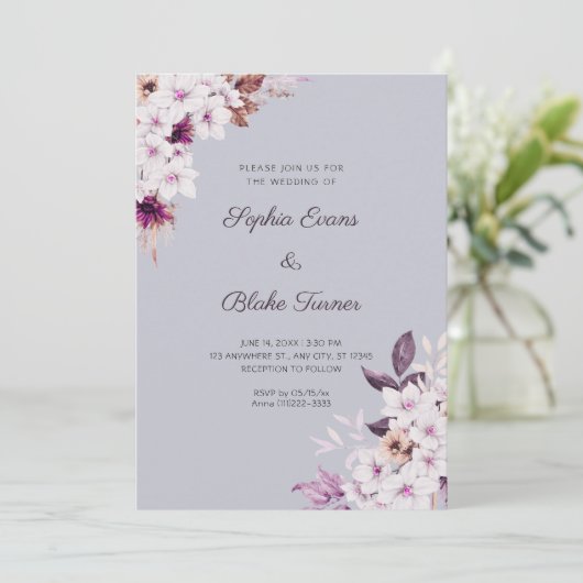 Rustiek Wit Roze Bloemen Boho Wolk Grijs Bruiloft Kaart (Staand voorkant)