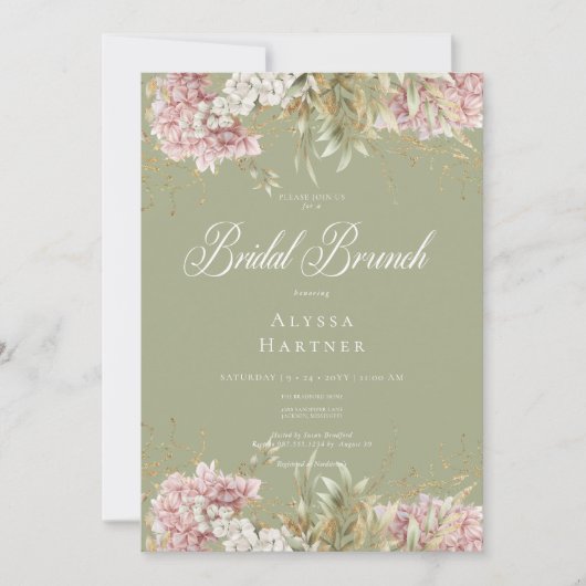Rustiek Wit & Roze Hydrangea Groene Bruidsbrunch Kaart (Voorkant)