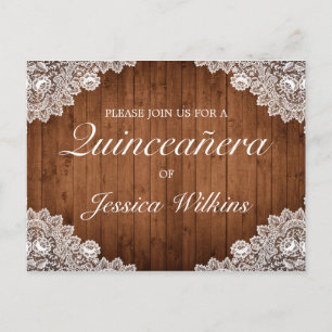 Rustiek Wood & Lace Quinceañera Invitation Briefka Aankondigingskaart