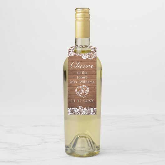 Rustiek Wood & White Lace Cheers Vrijgezellenfeest Flessenhanger (Op fles)