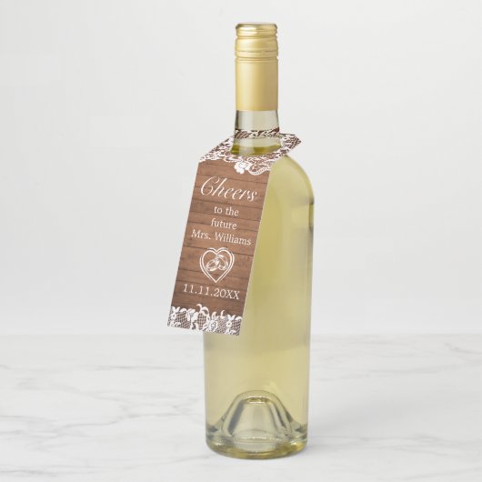 Rustiek Wood & White Lace Cheers Vrijgezellenfeest Flessenhanger (Schuin)