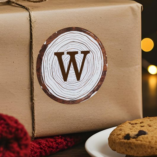  rustiek Woodgrain Tree Slice Monogram Ronde Sticker