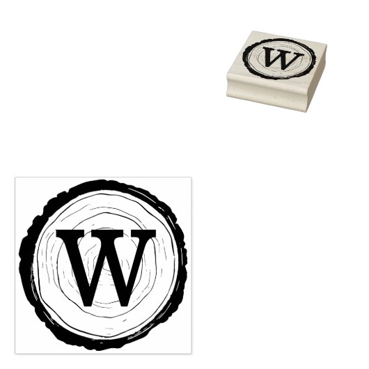 rustiek Woodgrain Tree Slice Monogram Rubberstempel (Gestempeld)