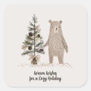 Rustiek Woodland Beer met kerstboom Vierkante Sticker