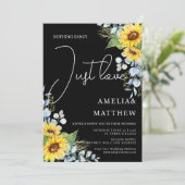 Rustiek Zonnebloem Script Gewoon Liefde Black Wedd Kaart (Staand voorkant)