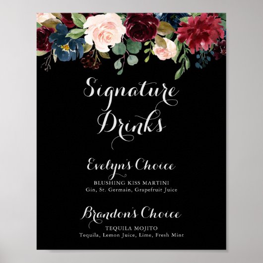 Rustiek zwart botanisch signature drankjes bord poster (Voorkant)