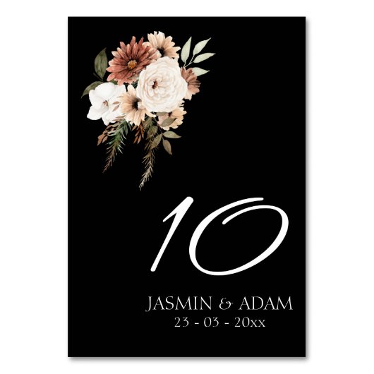 Rustiek Zwart en Perzik Bloemen Tafel Nummer Kaart (Voorkant)