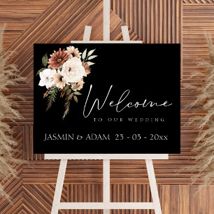 Rustiek Zwart en Perzik Bloemen Trouwbord Poster