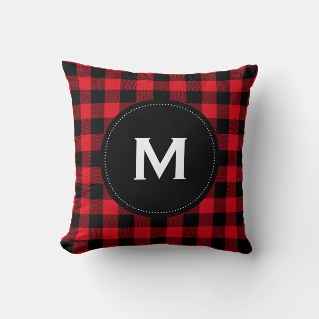 Rustiek zwart en rood geplakt patroon monogram kussen (Voorkant)