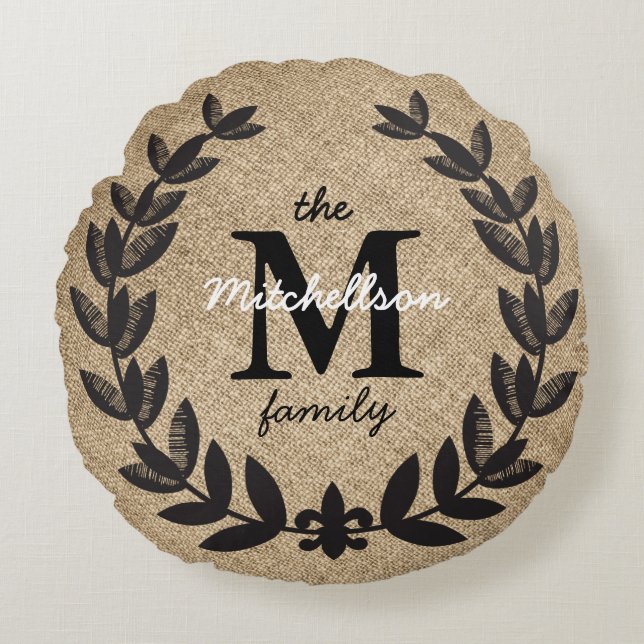 Rustiek zwart geëtst Fleur-de-Lis Laurels Rond Kussen (Voorkant)