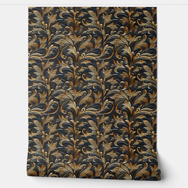 Rustiek zwart goud bewerkt leer behang (Afrollen)