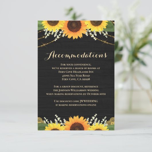 Rustiek Zwart Hout Zonnebloem Bruiloft Accommodati Informatiekaartje (Staand voorkant)
