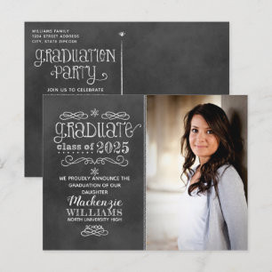 Rustiek zwart krijtbord 2024 Afstuderen fotofeest Uitnodiging Briefkaart