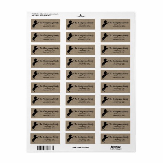 Rustiek Zwart Paard Silhouet Faux Burlap Etiket (Full Sheet)