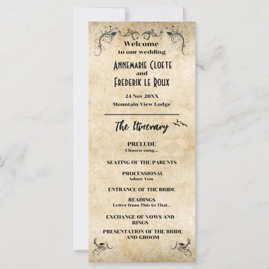 rustiek zwart perkament bruiloft programma (Voorkant)