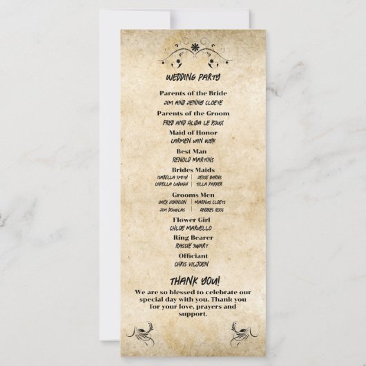  rustiek zwart perkament bruiloft programma (Achterkant)