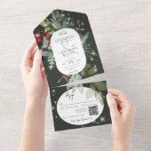 Rustiek Zwart Pine & Holly Winter Sparkle QR Code All In One Uitnodiging (Afscheurbaar)