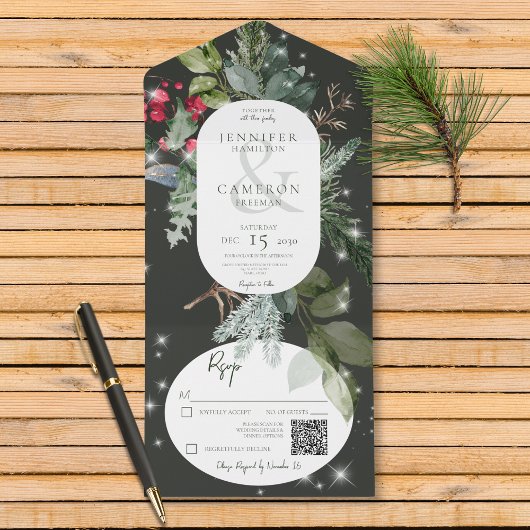 Rustiek Zwart Pine & Holly Winter Sparkle QR Code All In One Uitnodiging
