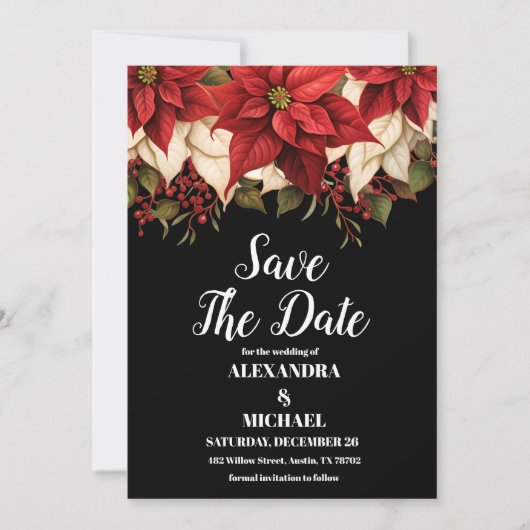 Rustiek Zwart Poinsettia Bloemen Kerstmis Bruiloft Save The Date (Voorkant)