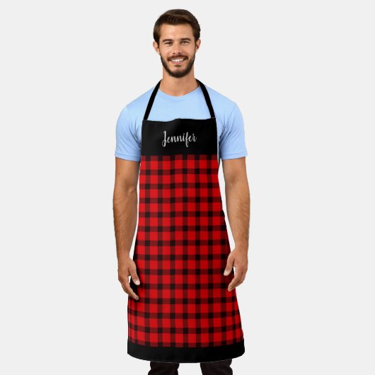 Rustiek zwart rood buffel geruite monogram naam schort (Gedragen)