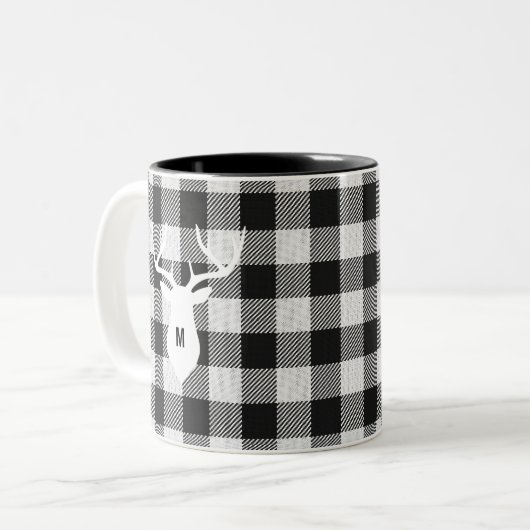 Rustiek Zwart Wit Buffalo Check Herten Monogrammed Tweekleurige Koffiemok (Voorkant links)