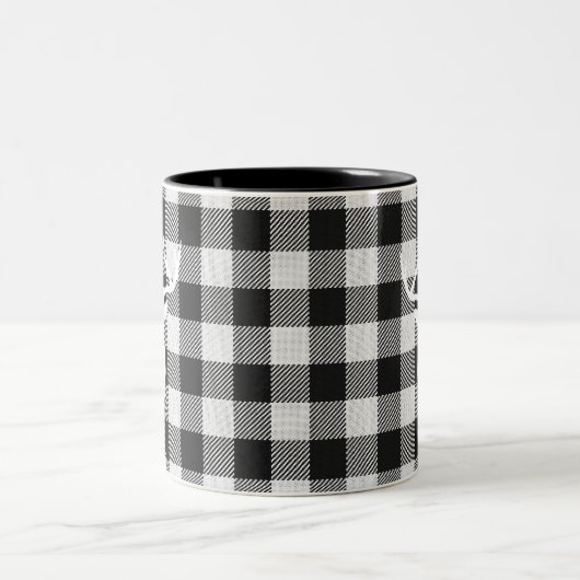 Rustiek Zwart Wit Buffalo Check Herten Monogrammed Tweekleurige Koffiemok (Center)