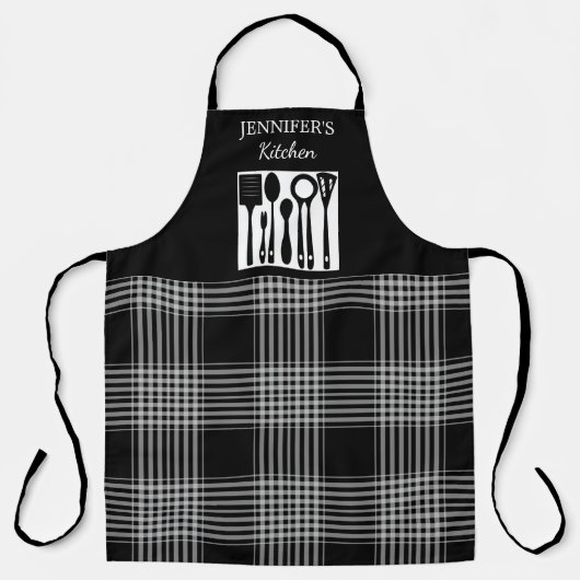 Rustiek zwart wit geruite monogram naam keuken schort (Voorkant)