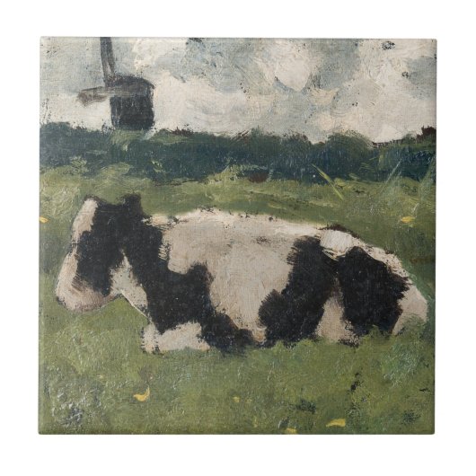 Rustiek Zwart + Wit Koe en Windmill  Art Tegeltje (Voorkant)