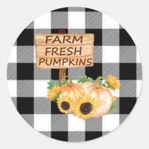 Rustiek Zwart-wit Plaid met Herfst Pompoenen Ronde Sticker
