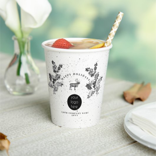 Rustiek Zwart Wit Vakantie Zakelijk Logo Kerst Papieren Bekers (Insitu)