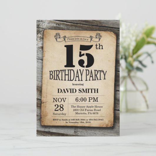 Rustieke 15e Verjaardag Uitnodiging  Hout (Staand voorkant)