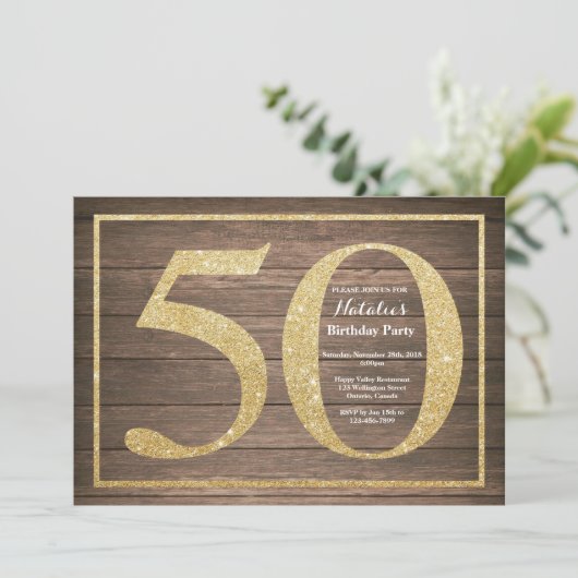 Rustieke 50e verjaardag uitnodiging Gold Glitter (Staand voorkant)