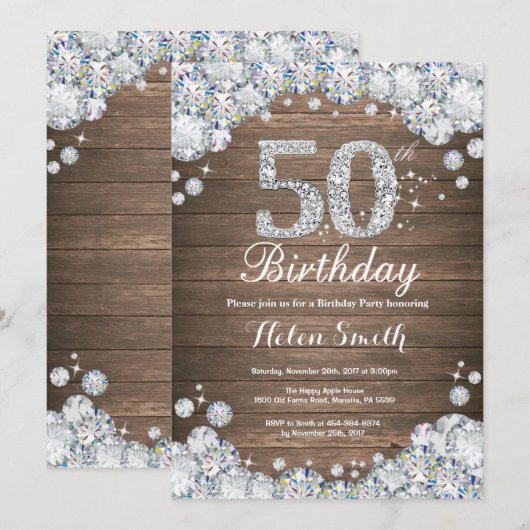 Rustieke 50e verjaardag zilveren diamant kaart (Voorkant / Achterkant)