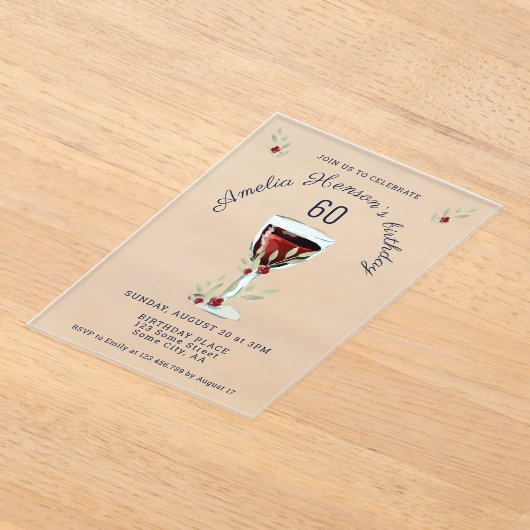 Rustieke 60e verjaardag Rode wijn Verjaardag Acryl Uitnodigingen (Laagn)