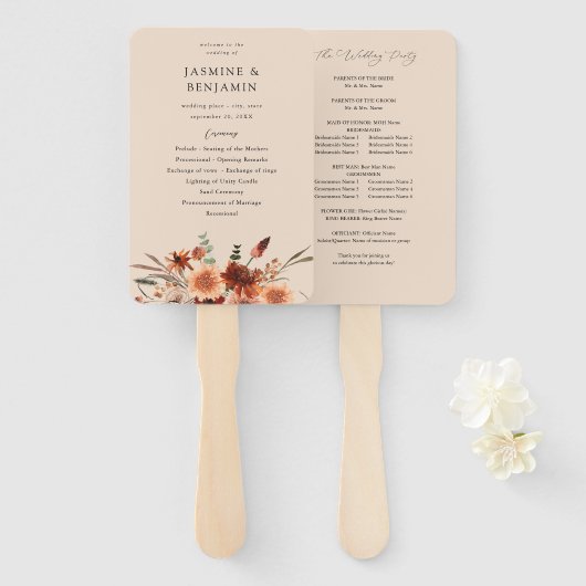 Rustieke Aarde & Champagne Florals Trouwprogramma  Handwaaier (Voorkant en achterkant)