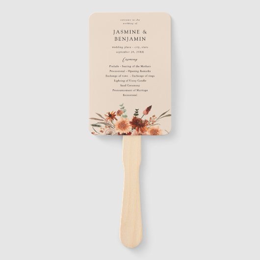 Rustieke Aarde & Champagne Florals Trouwprogramma  Handwaaier (Voorkant)