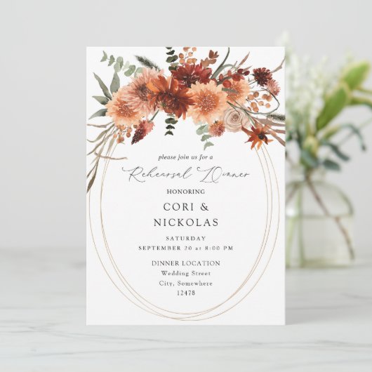 Rustieke aarde en champagne bloemen repetitie dine kaart (Staand voorkant)