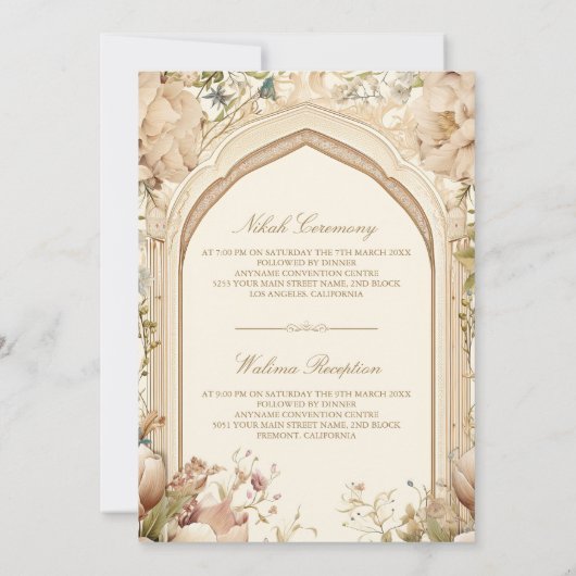 Rustieke aardse crème bloemenboog moslim bruiloft kaart (Achterkant)