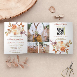 Rustieke Aardse Ivoor Bloemrijke Foto QR Code Trou Drieluik Uitnodiging