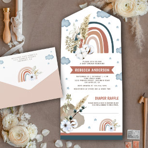 Rustieke aardse Pampas Boho Regenboog Baby Shower All In One Uitnodiging