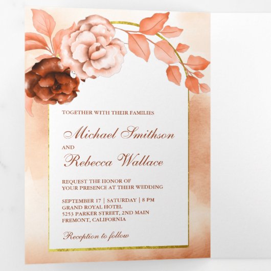 Rustieke aardse Waterverf bloementerracotta bruilo Drieluik Uitnodiging (Binnenzijde eerst)