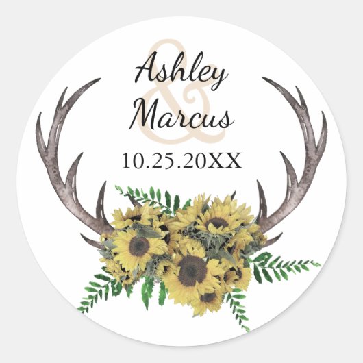 Rustieke Antlers Boho Zonnebloemen Bloemen Huwelij Ronde Sticker (Voorkant)