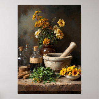 Rustieke Apotheker Stilleven met kruiden en bloeme Poster