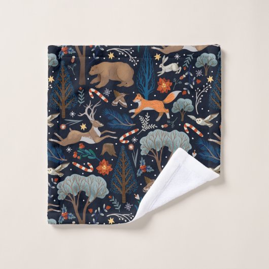 Rustieke Aquarel Bosdieren Bomen Kerstmis Bad Handdoek (Wasdoekje)