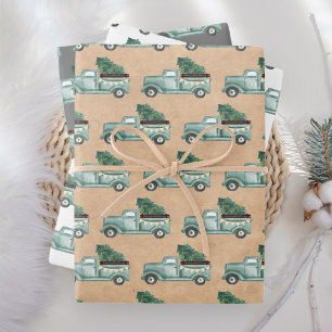 Rustieke Aquarel Groenblauwe Kersttruck Inpakpapier Vel