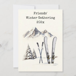 Rustieke Aquarel Ski Sneeuw Berg Familie Reünie Kaart