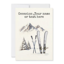 Rustieke Aquarel Ski Sneeuw Boom Berg Winter